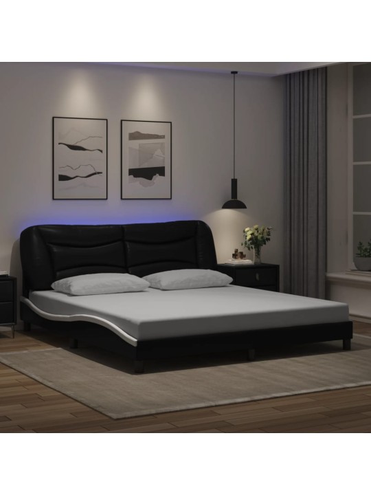 Gultas rāmis ar LED, melns un balts, 180x200 cm, mākslīgā āda