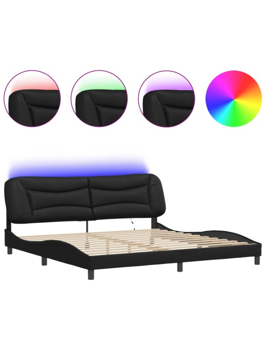 Gultas rāmis ar led, melns, 200x200 cm, mākslīgā āda