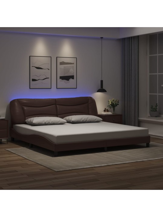 Gultas rāmis ar LED, brūns, 200x200 cm, mākslīgā āda