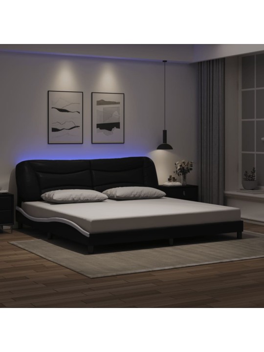 Gultas rāmis ar led, melns un balts, 200x200 cm, mākslīgā āda