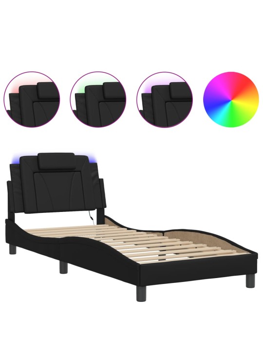 Gultas rāmis ar led, melns, 90x190 cm, mākslīgā āda