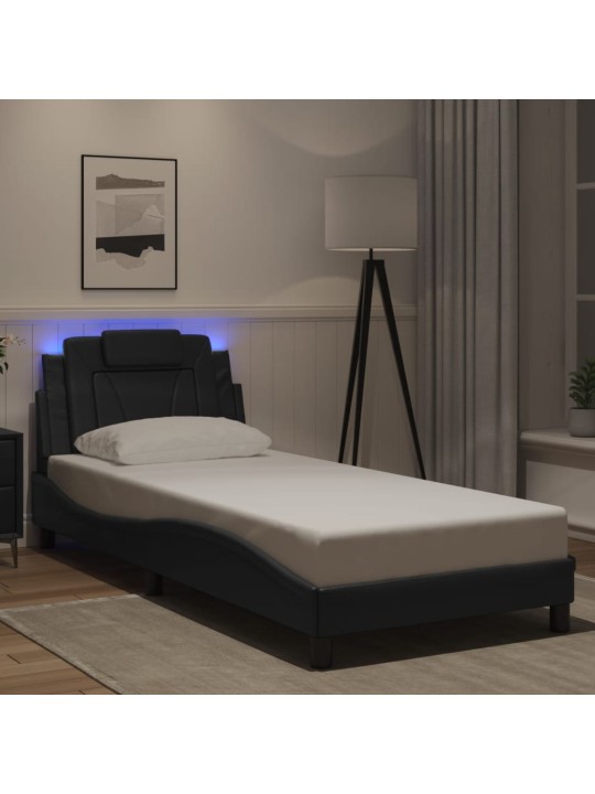 Gultas rāmis ar led, melns, 90x190 cm, mākslīgā āda