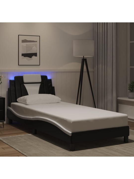 Gultas rāmis ar led, melns un balts, 90x190 cm, mākslīgā āda