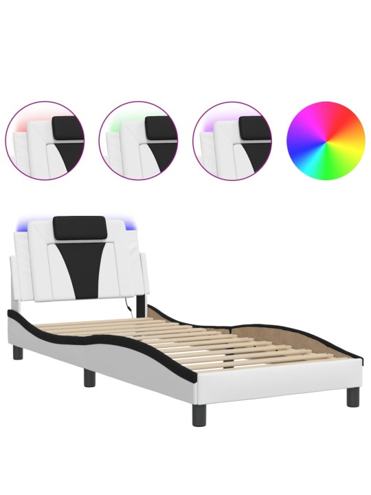 Gultas rāmis ar led, balts un melns, 90x190 cm, mākslīgā āda