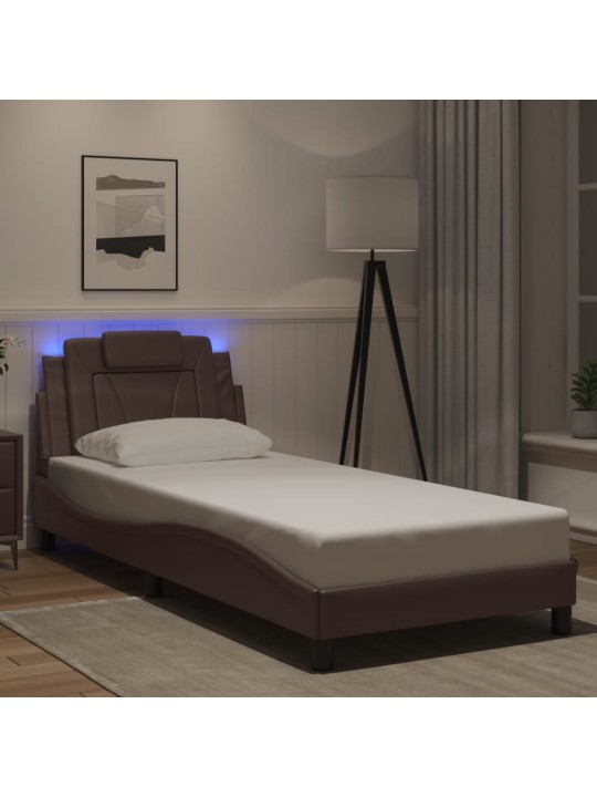 Gultas rāmis ar led, brūns, 90x200 cm, mākslīgā āda