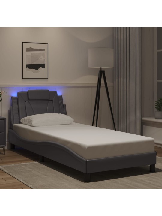 Gultas rāmis ar LED, pelēks, 90x200 cm, mākslīgā āda