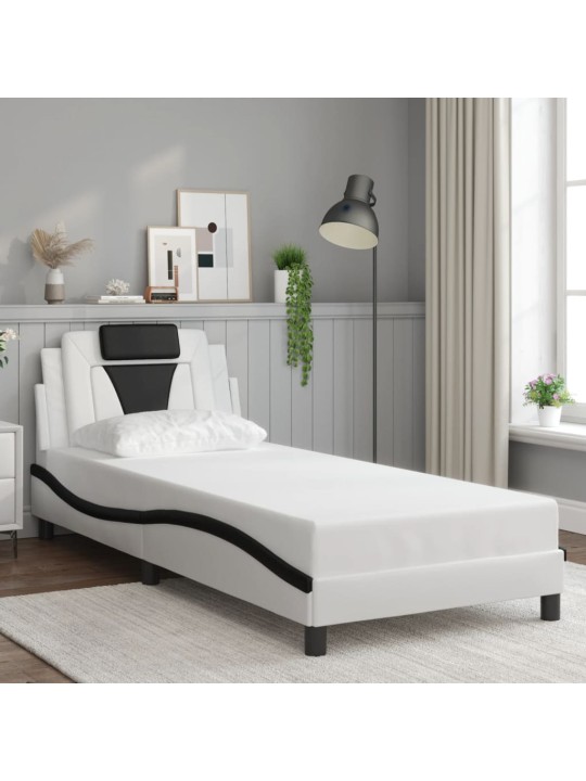 Gultas rāmis ar LED, balts un melns, 90x200 cm, mākslīgā āda