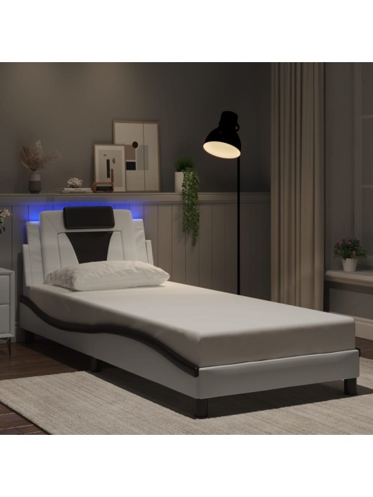Gultas rāmis ar LED, balts un melns, 90x200 cm, mākslīgā āda