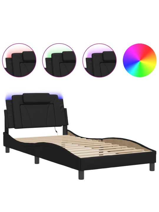 Gultas rāmis ar led, melns, 100x200 cm, mākslīgā āda