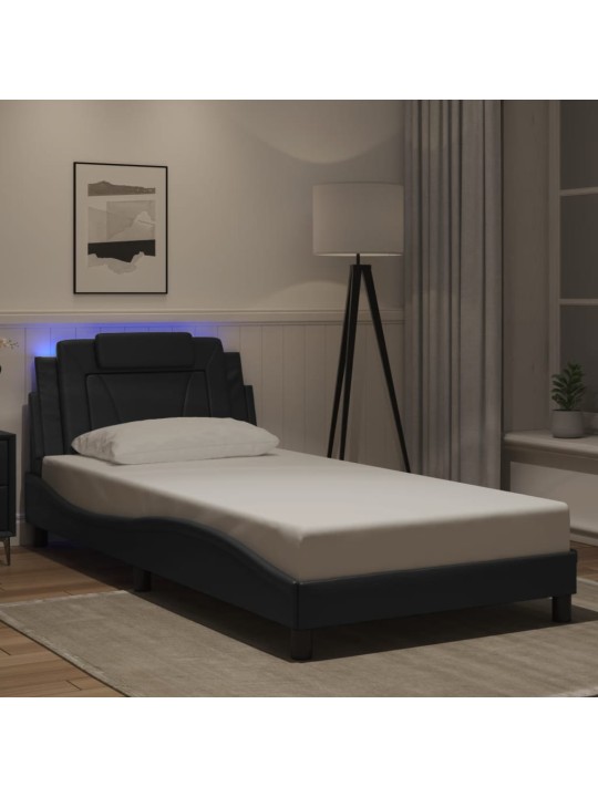 Gultas rāmis ar led, melns, 100x200 cm, mākslīgā āda