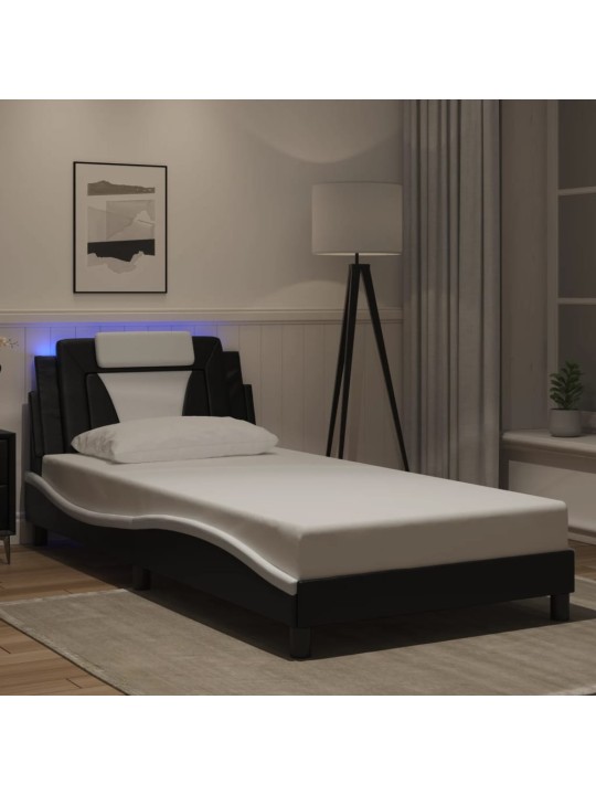 Gultas rāmis ar led, melns un balts, 100x200 cm, mākslīgā āda