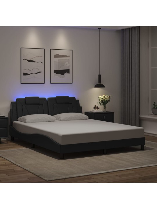 Gultas rāmis ar led, melns, 160x200 cm, mākslīgā āda