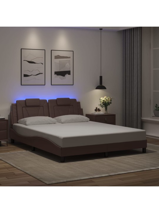 Gultas rāmis ar led, brūns, 160x200 cm, mākslīgā āda