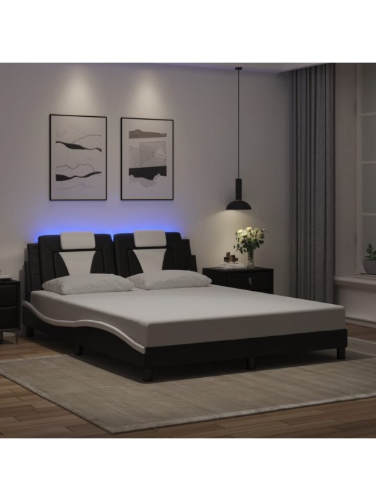 Gultas rāmis ar led, melns un balts, 160x200 cm, mākslīgā āda