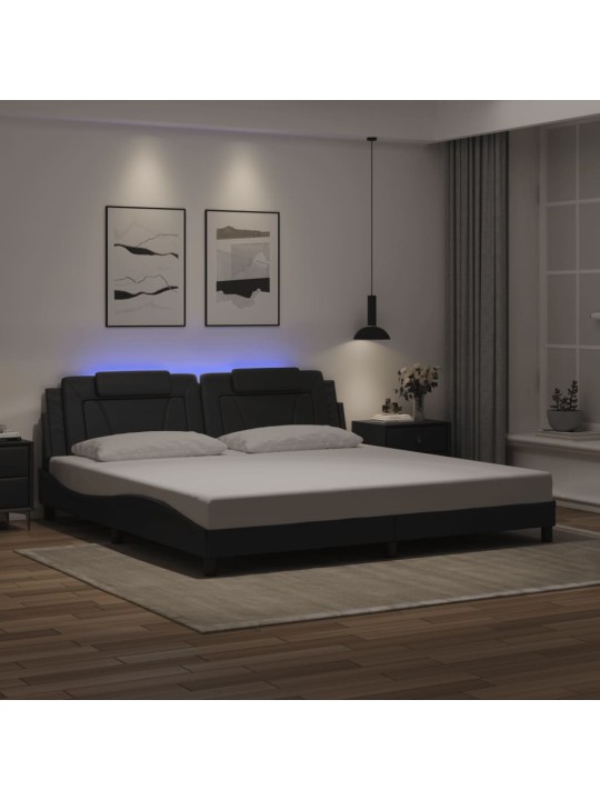 Gultas rāmis ar led, melns, 200x200 cm, mākslīgā āda