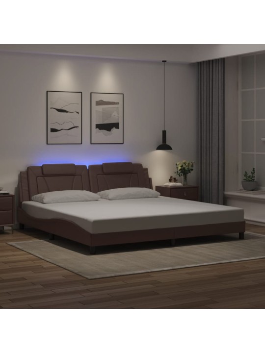 Gultas rāmis ar led, brūns, 200x200 cm, mākslīgā āda