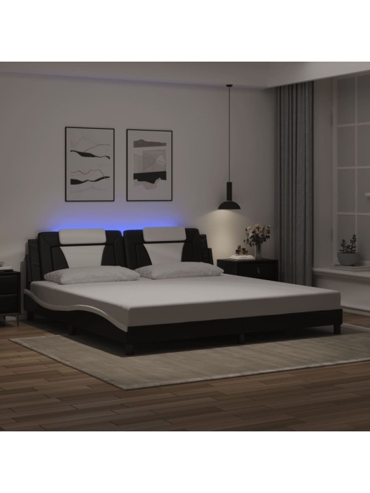 Gultas rāmis ar led, melns un balts, 200x200 cm, mākslīgā āda
