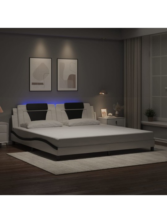 Gultas rāmis ar LED, balts un melns, 200x200 cm, mākslīgā āda