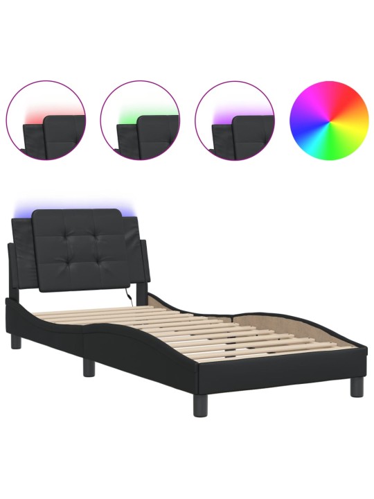 Gultas rāmis ar LED, melns, 90x190 cm, mākslīgā āda
