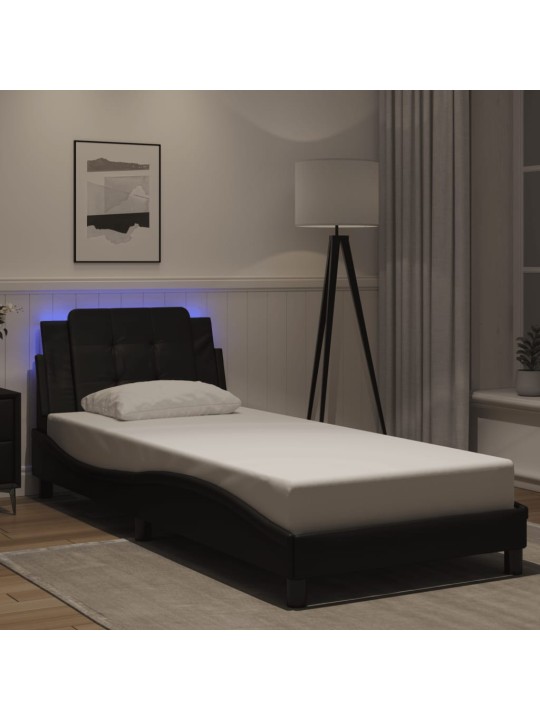 Gultas rāmis ar LED, melns, 90x190 cm, mākslīgā āda