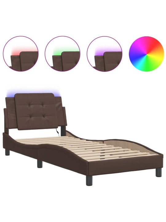 Gultas rāmis ar led, brūns, 90x190 cm, mākslīgā āda