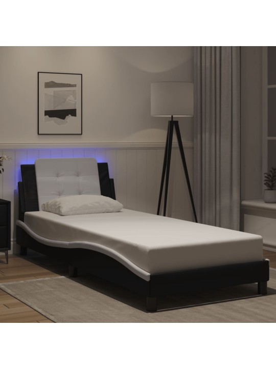 Gultas rāmis ar LED, melns un balts, 90x190 cm, mākslīgā āda