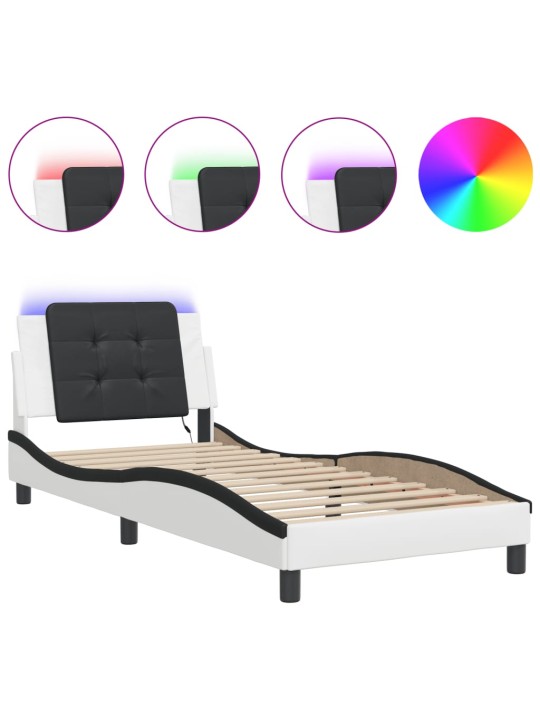 Gultas rāmis ar led, balts un melns, 90x190 cm, mākslīgā āda