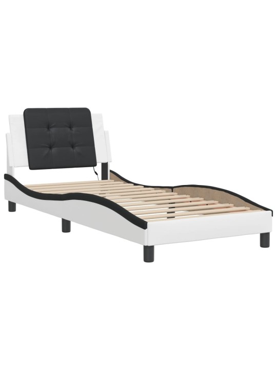 Gultas rāmis ar led, balts un melns, 90x190 cm, mākslīgā āda