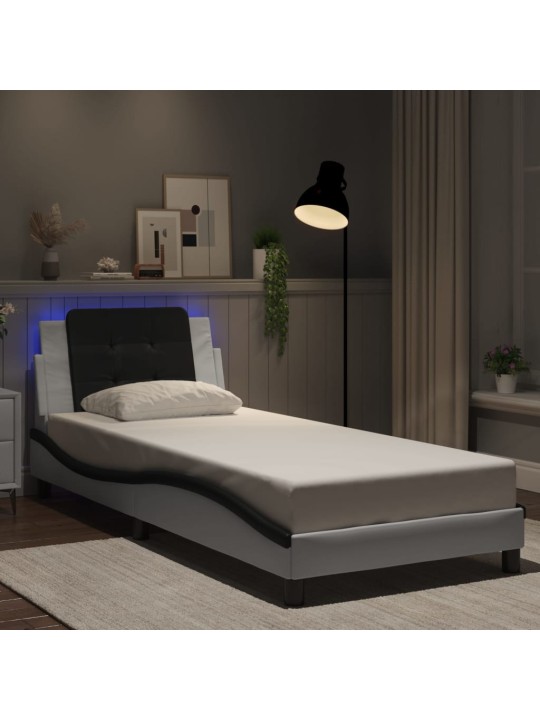 Gultas rāmis ar led, balts un melns, 90x190 cm, mākslīgā āda