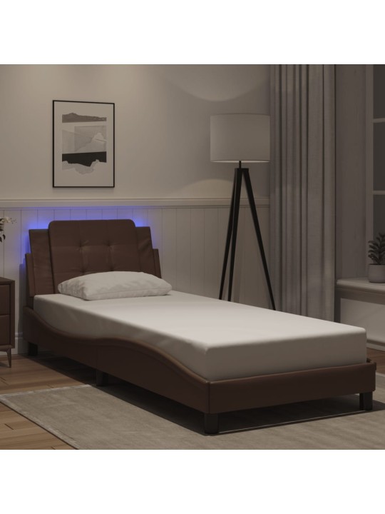 Gultas rāmis ar led, brūns, 90x200 cm, mākslīgā āda