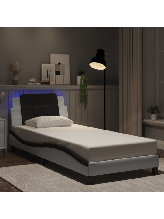 Gultas rāmis ar led, balts un melns, 90x200 cm, mākslīgā āda