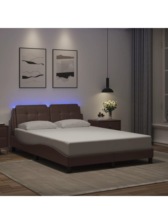 Gultas rāmis ar LED, brūns, 140x190 cm, mākslīgā āda