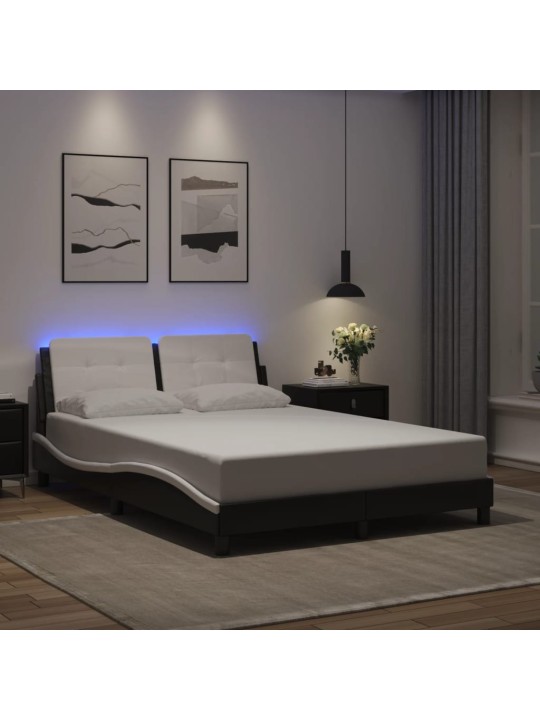 Gultas rāmis ar LED, melns un balts, 140x200 cm, mākslīgā āda