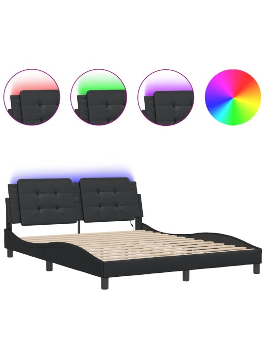 Gultas rāmis ar led, melns, 160x200 cm, mākslīgā āda