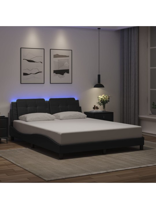 Gultas rāmis ar led, melns, 160x200 cm, mākslīgā āda