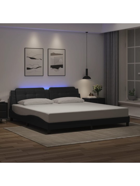 Gultas rāmis ar led, melns, 200x200 cm, mākslīgā āda