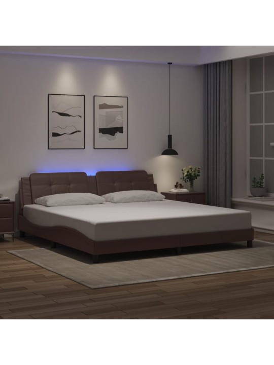 Gultas rāmis ar led, brūns, 200x200 cm, mākslīgā āda