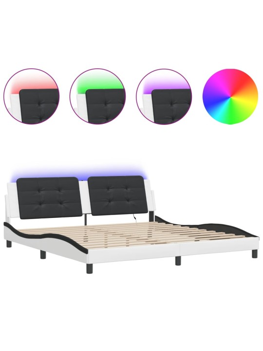 Gultas rāmis ar led, balts un melns, 200x200 cm, mākslīgā āda