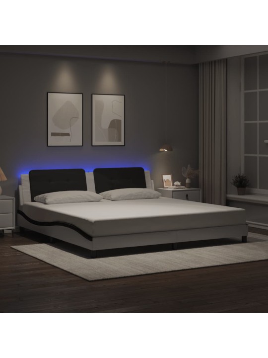 Gultas rāmis ar led, balts un melns, 200x200 cm, mākslīgā āda