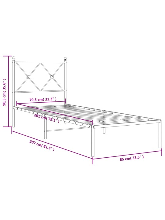 Gultas rāmis ar galvgali, melns metāls, 80x200 cm