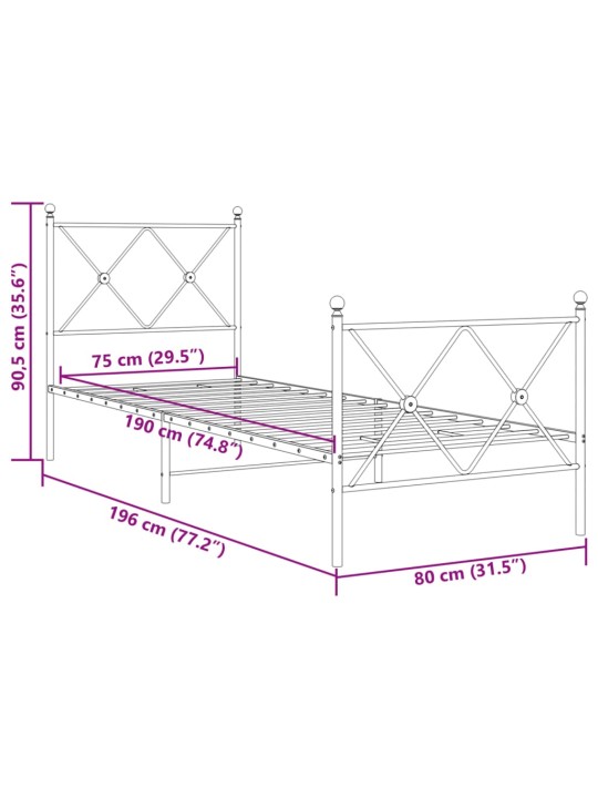 Gultas rāmis ar galvgali un kājgali, melns metāls, 75x190 cm