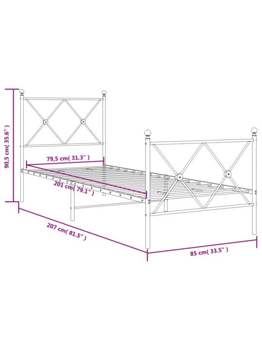 Gultas rāmis ar galvgali un kājgali, melns metāls, 80x200 cm