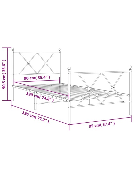 Gultas rāmis ar galvgali un kājgali, melns metāls, 90x190 cm