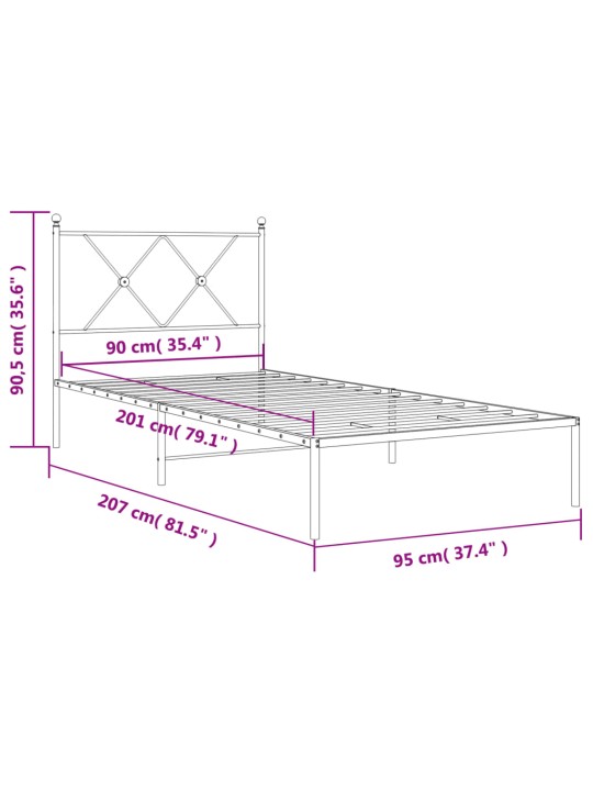 Gultas rāmis ar galvgali, balts metāls, 90x200 cm