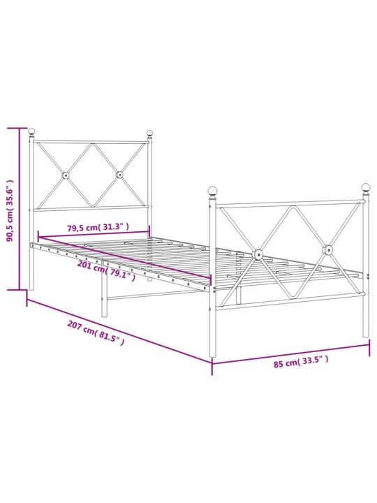Gultas rāmis ar galvgali un kājgali, balts metāls, 80x200 cm