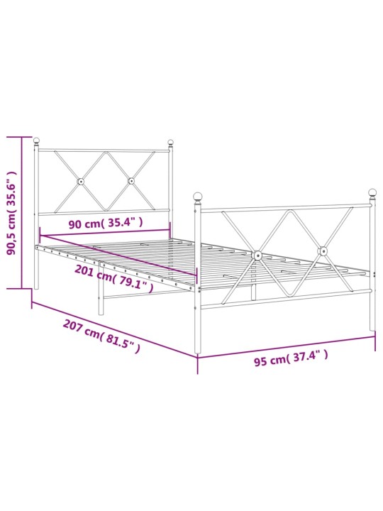 Gultas rāmis ar galvgali un kājgali, balts metāls, 90x200 cm