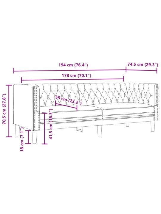 Chesterfield sofa 3-seater melna mākslīgā āda