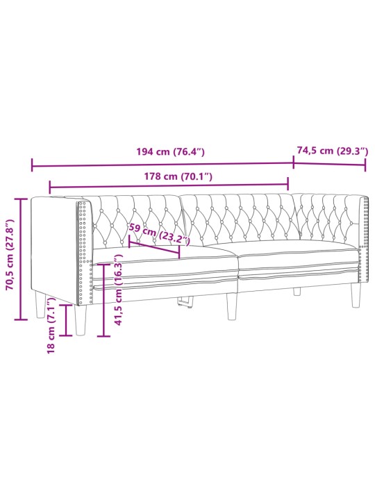 Chesterfield sofa 3-seater pelēks mākslīgā āda