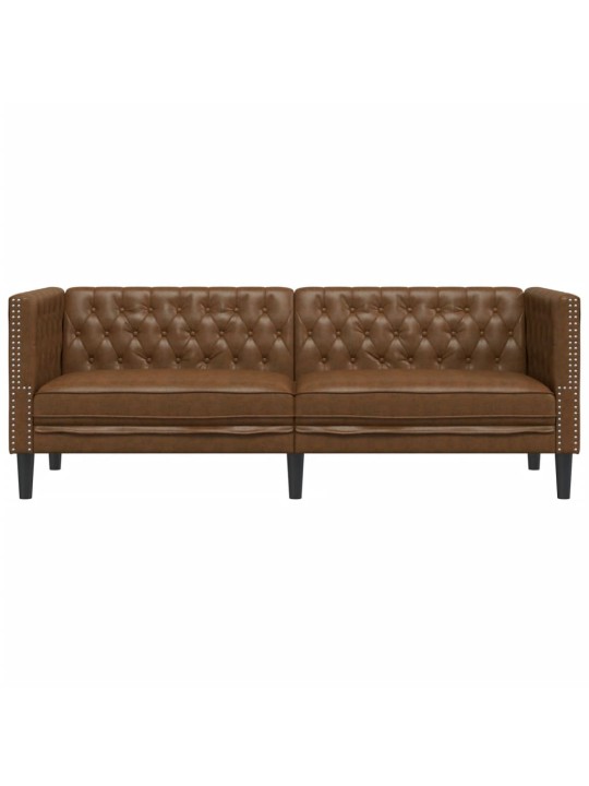 Trīsvietīgs chesterfield dīvāns, brūna mākslīgā zamšāda