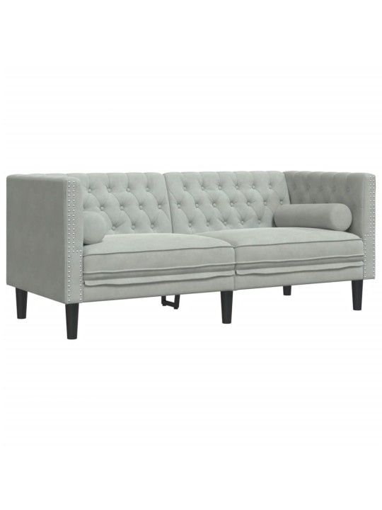 Chesterfield dīvāns ar balstiem, divvietīgs, gaiši pelēks samts